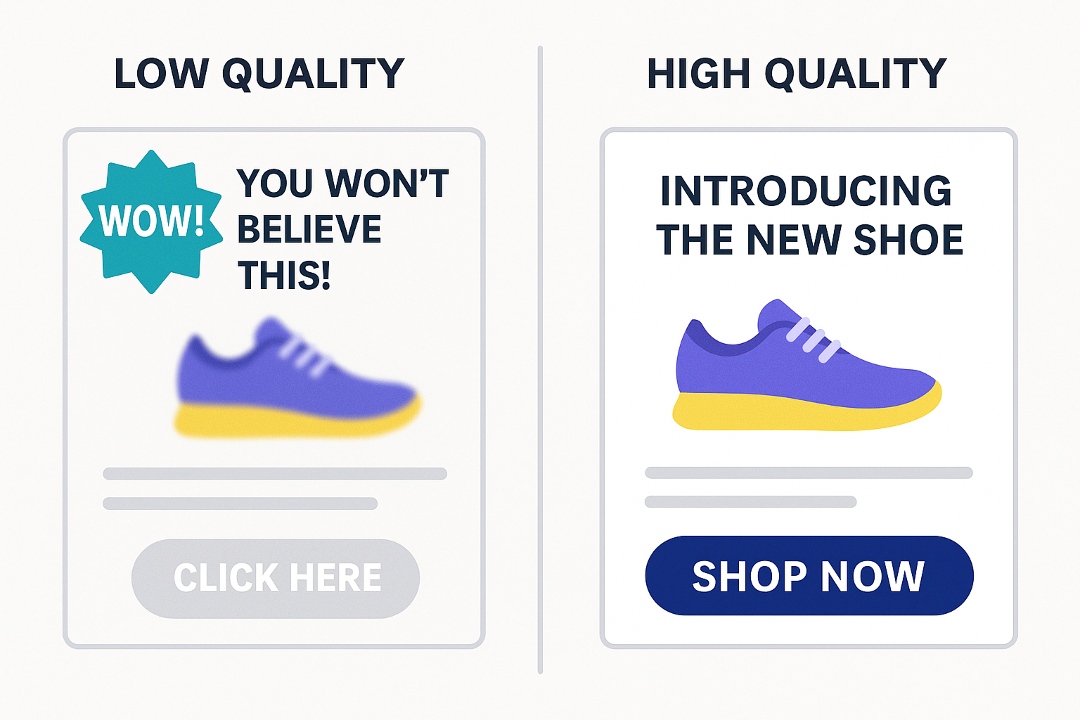 A side-by-side comparison of high-quality vs. low-quality Facebook ad 