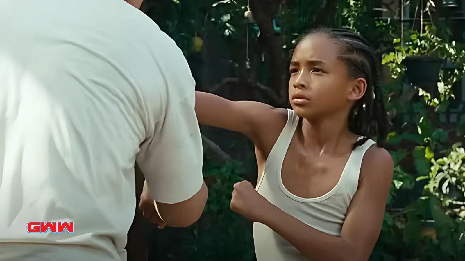 Jaden Smith practicing martial arts in a scene from The Karate Kid remake