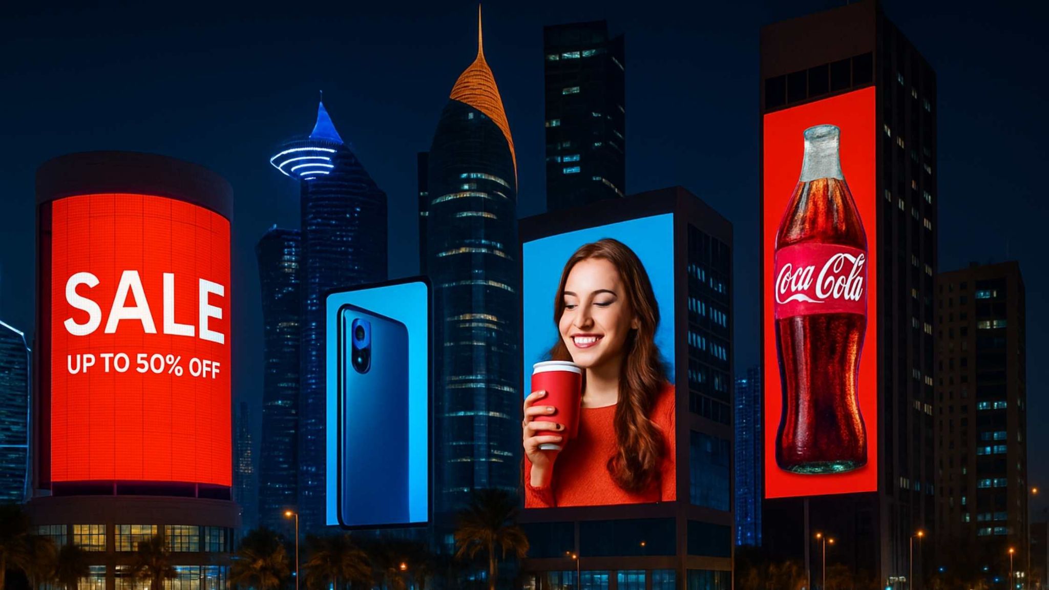 Vibrant Outdoor Digital Display Qatar with LED billboards lighting up the city skyline Outdoor Digital Display Qatar showcasing vibrant LED billboards featuring a Coca-Cola bottle, a smartphone ad, a smiling woman with a coffee cup, and a bold SALE sign, set against a modern city skyline at night.