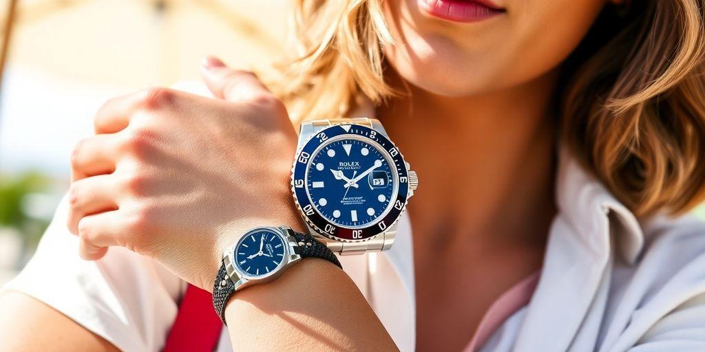 Yacht-Master replica Rolex with casual outfit and hairstyle.