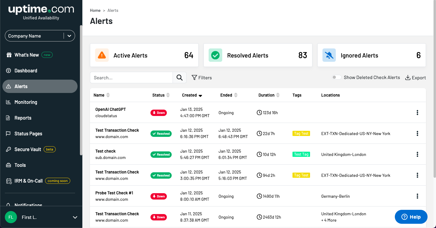 Uptime.com Alerts UI