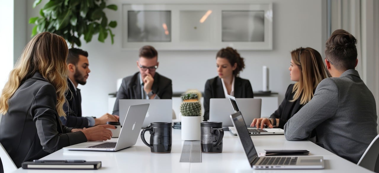 A group of professionals sit around a table with laptops during a meeting.