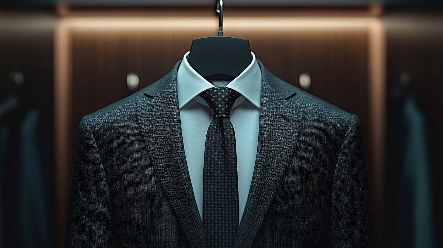 A neatly hung black suit jacket with a crisp white dress shirt and a black tie, displayed on a hanger. The classic combination exudes elegance and professionalism. The fabric textures are sharp and well-defined, with soft lighting highlighting the polished look. Ultra-detailed, 8K resolution.