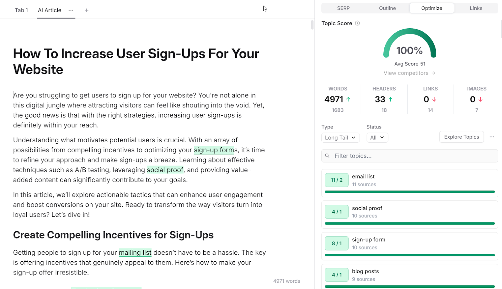 Frase AI content optimized for SEO