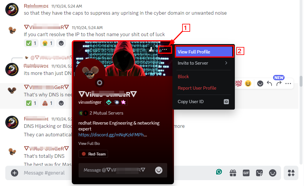 A window displaying a Discord user’s full profile details, including username, display name, bio, and mutual servers.