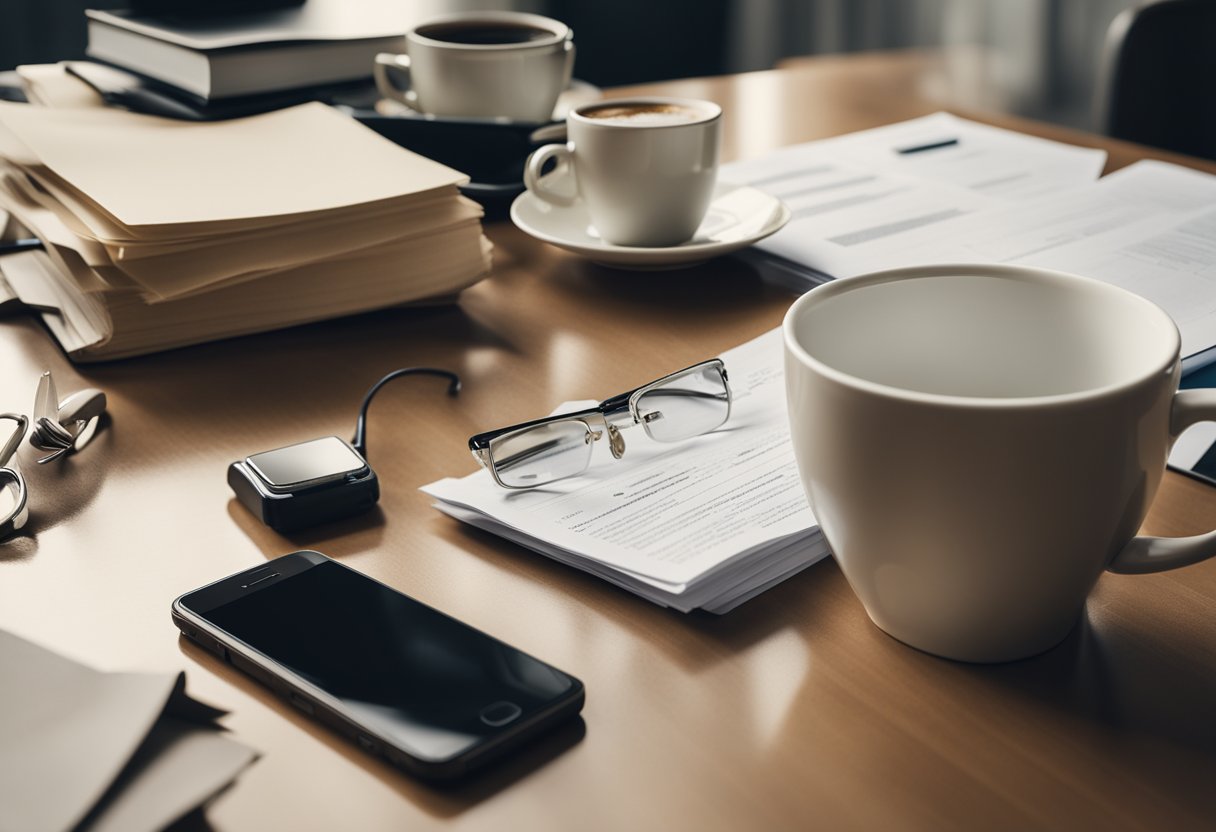 A cluttered desk with legal documents, a spilled coffee cup, and a neglected phone ringing