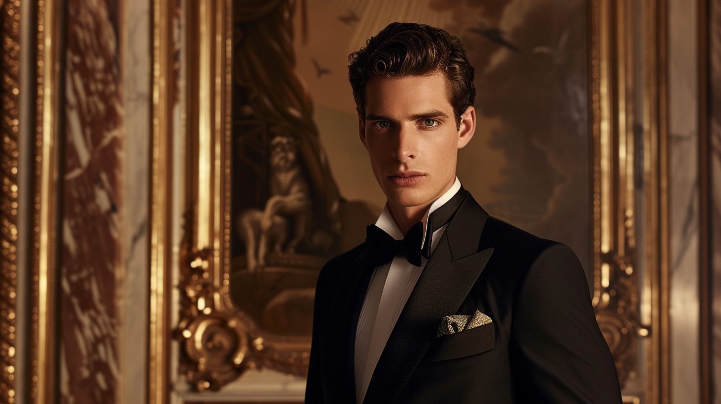 A man wearing a double-breasted tuxedo with peak lapels, rich fabric, structured shoulders, exuding elegance and formality, set against a luxurious evening backdrop.