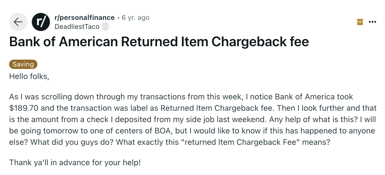 what does return item chargeback mean bank of america