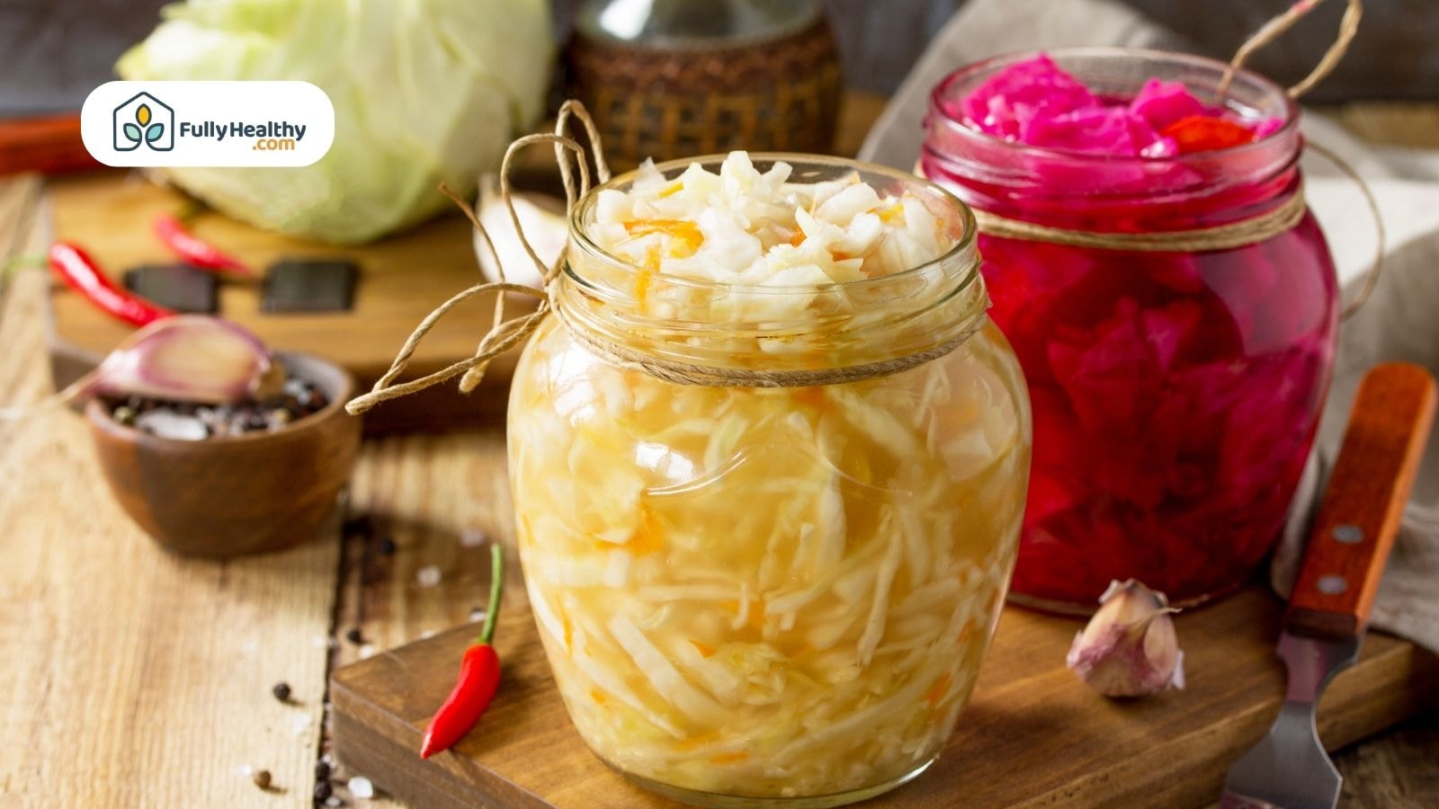 Sauerkraut variety in preserving jars.