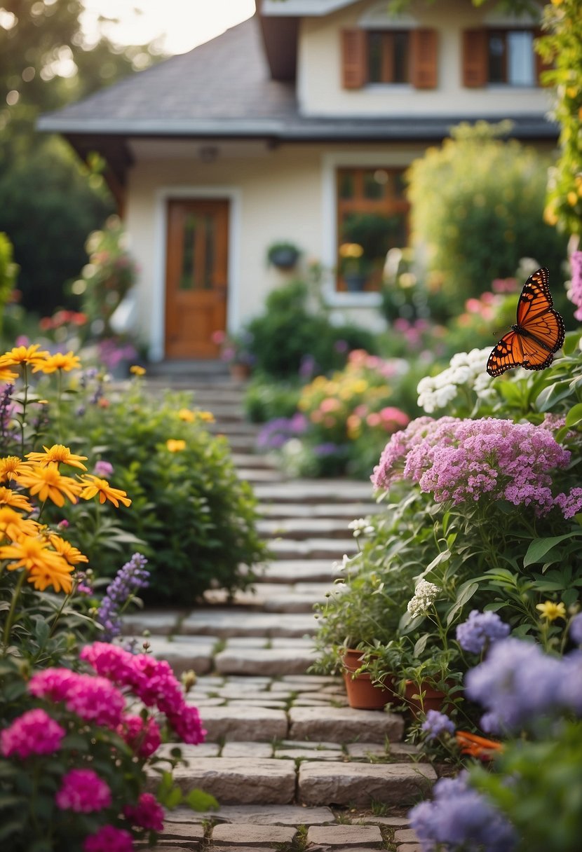 A colorful butterfly garden in front of a charming house with various flowers, shrubs, and a winding path