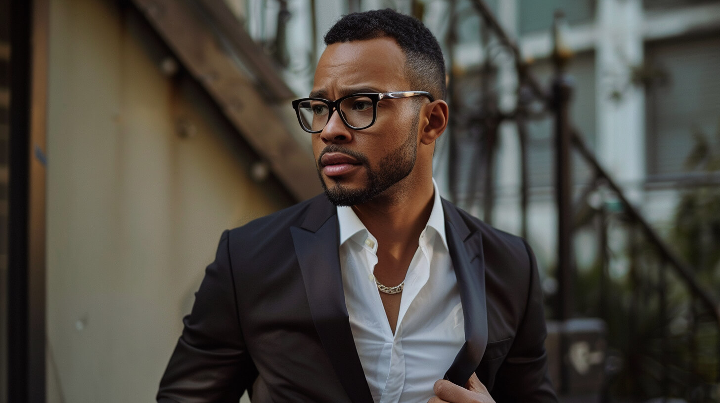 A stylish man wearing a black suit jacket styled as a blazer, paired with chinos and dark denim pants, looking confident and smart in a semi-formal setting, focusing on modern fit and matte fabric, casual business vibe