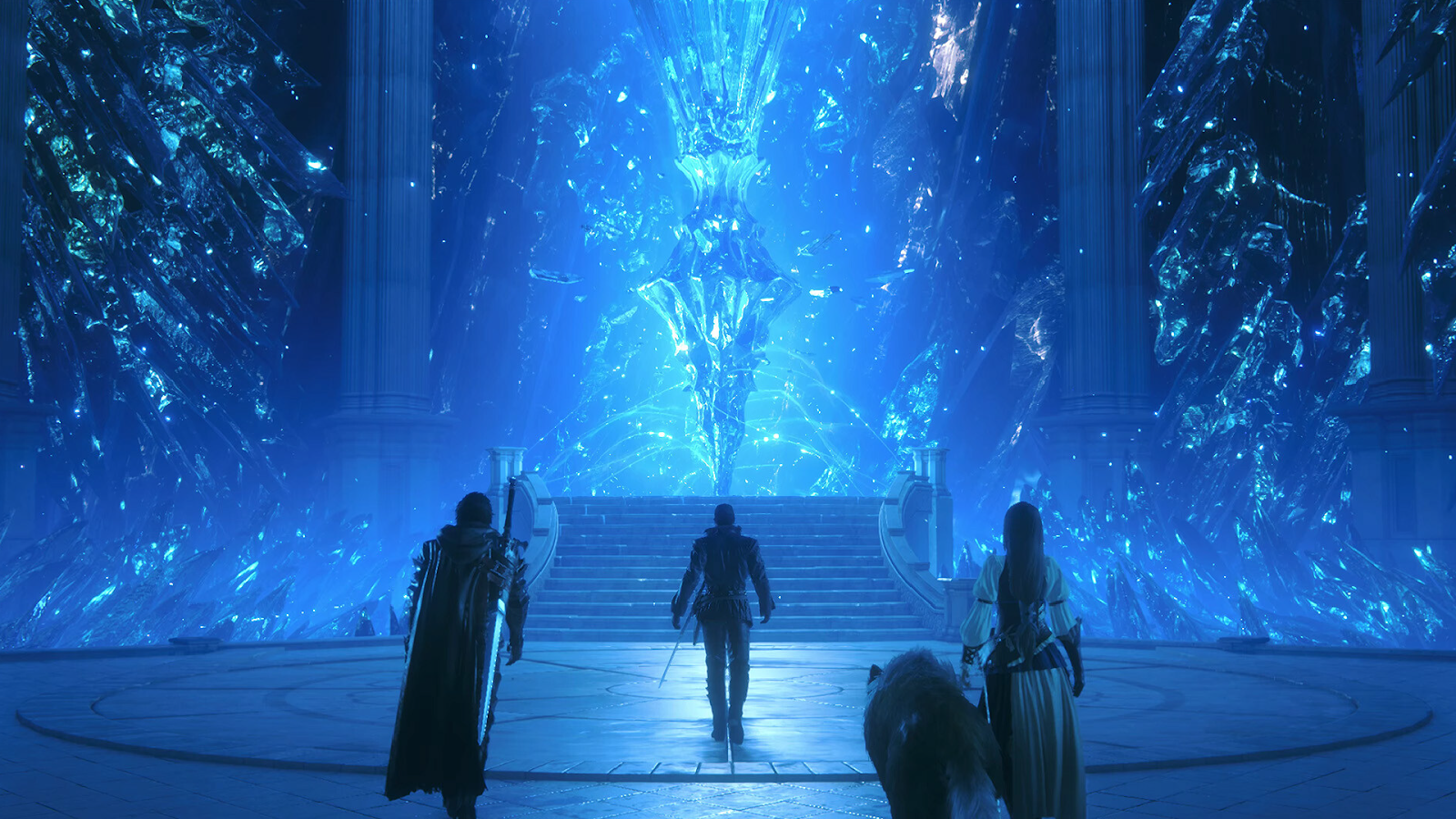 Screenshot of characters walking up to a frozen throne in Final Fantasy XVI.