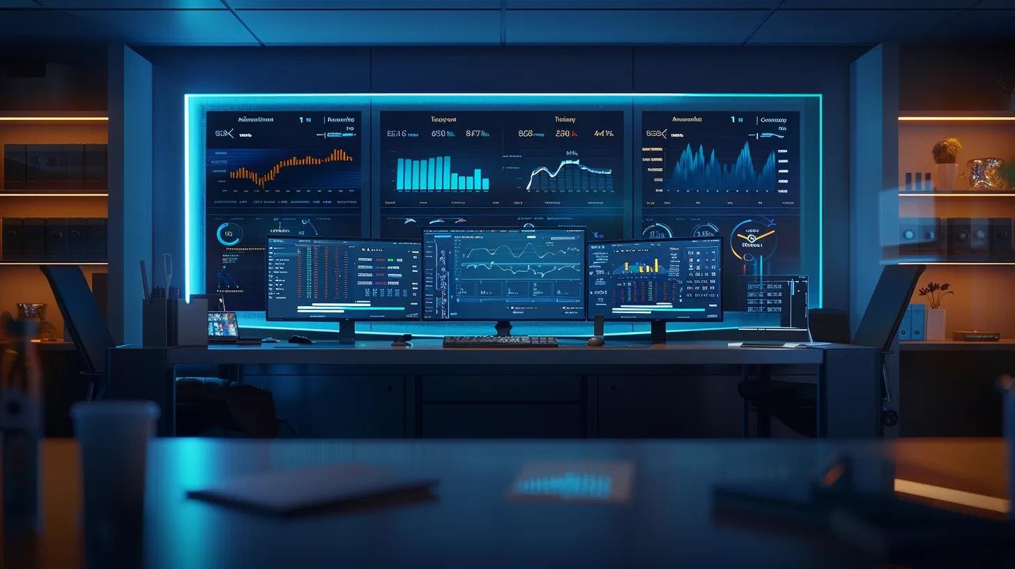a sleek, modern office workspace features a digital dashboard displaying vibrant graphs and personalized customer personas, emphasizing the strategic planning and analytics crucial for crafting targeted messaging in outbound ai campaigns.