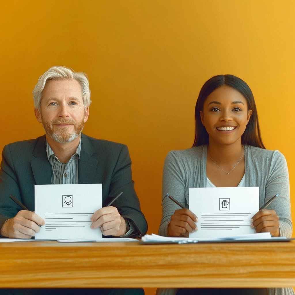 Two HR professionals are photographed to visualize sales test questions and answers