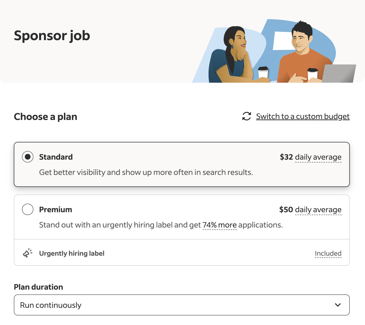 Screenshot of Indeed's 'Sponsor job' page, showing options for Standard and Premium plans with daily average costs of $32 and $50, respectively.