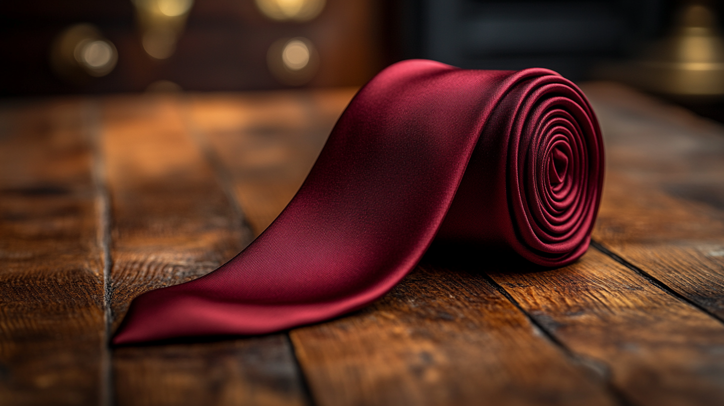 A rich burgundy silk tie draped over a polished wooden surface, its deep color glowing under soft ambient light, adding a bold yet refined touch.