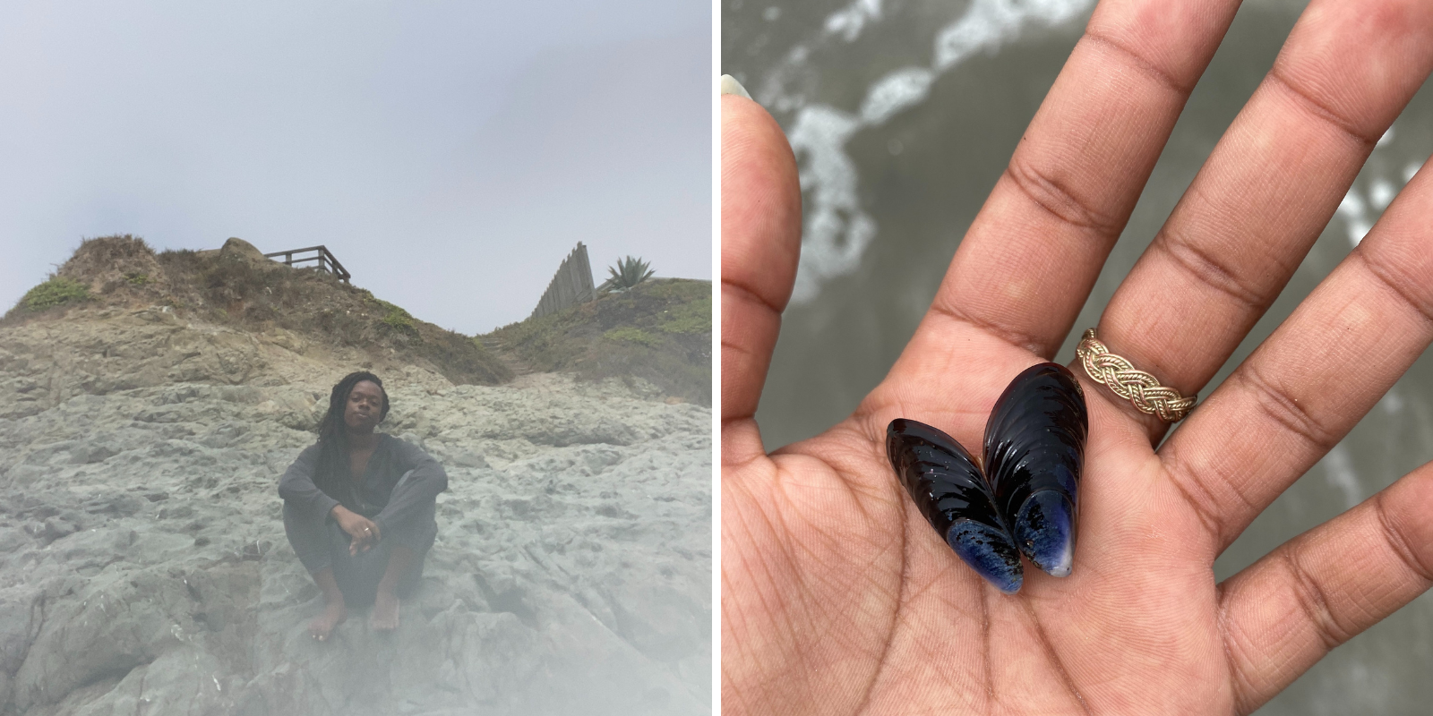 Images: On the left, Jasmine Barnes sits on a rocky outcropping on a beach in Cayucos, California, July 2021. On the right, a blue sea shell in the shape of a butterfly lays in her open palm. Photo by Jasmine Barnes