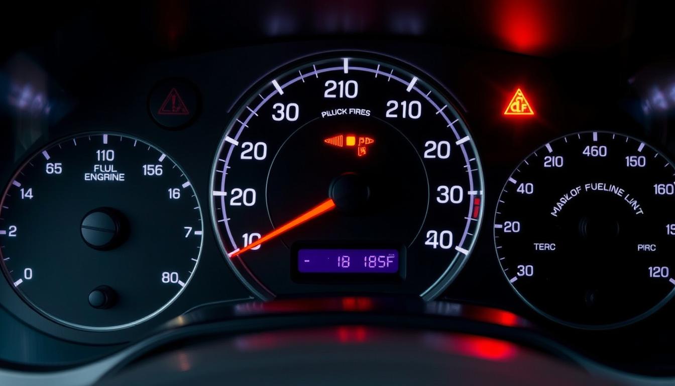 Car dashboard showing check engine light and other symptoms of P0430 car code
