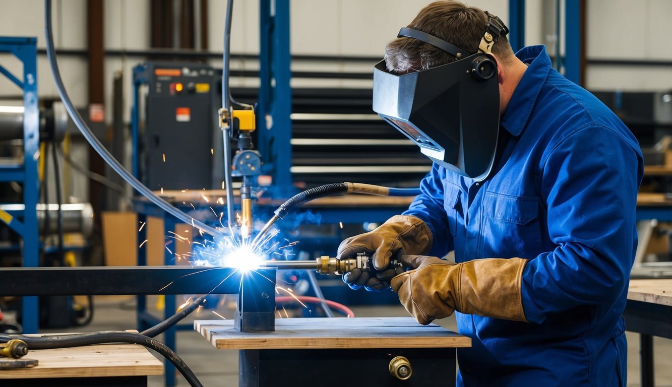 A356 aluminum being welded with specialized equipment and protective gear in a well-ventilated workshop