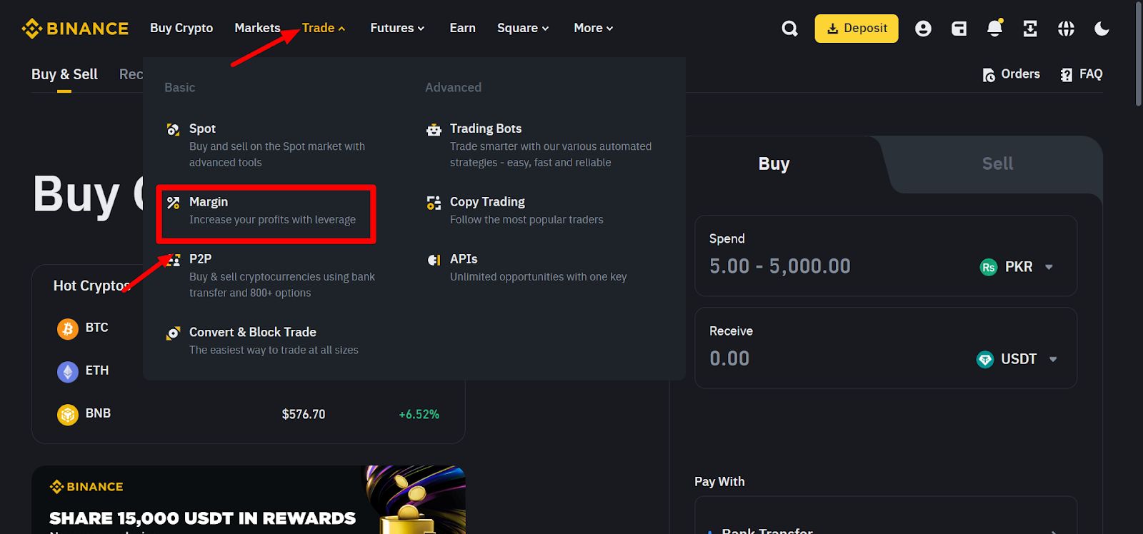 Binance interface highlighting the steps to enable margin trading by selecting 'Margin' under the 'Trade' menu.