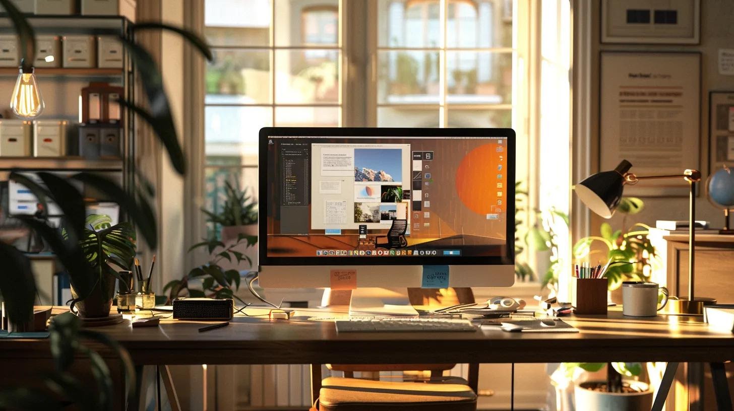 a meticulously arranged modern office workspace showcases a sleek computer displaying a visually engaging website design, surrounded by dynamic charts and documents that embody the essence of a strategic content-driven approach to seo.