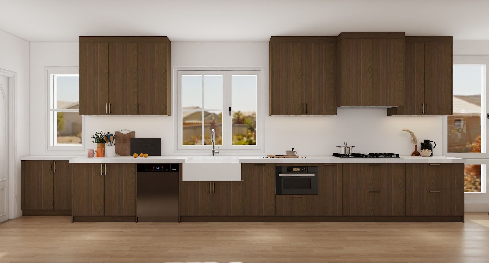 Spacious kitchen featuring solid wood cabinets with low-emission materials and a clean, health-conscious design aesthetic.