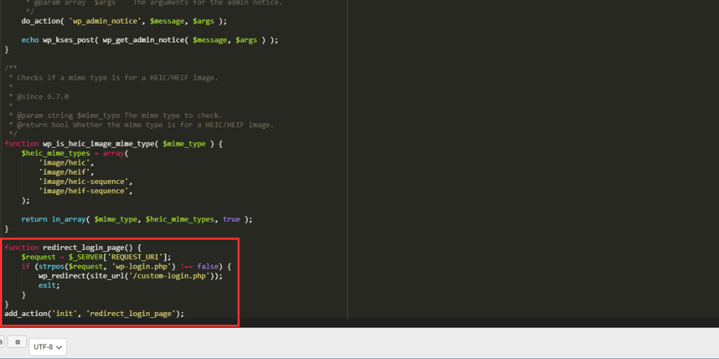 redirect code functions php