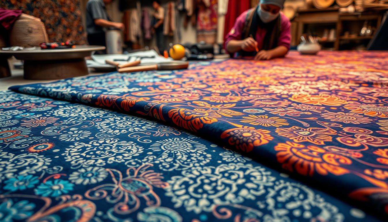 A vibrant and intricate batik piece unfolds, revealing the rich tapestry of Malaysian artistry. In the foreground, delicate patterns emerge, each stroke a testament to the meticulous technique of the master batik maker. The mid-ground showcases the diverse color palette, from deep indigos to warm earth tones, seamlessly blending to create a mesmerizing visual symphony. In the background, the process of wax-resist dyeing comes to life, with intricate tools and skilled hands shaping the ebb and flow of the design. The scene is bathed in a warm, diffused light, capturing the essence of the craft and the cultural heritage it embodies.