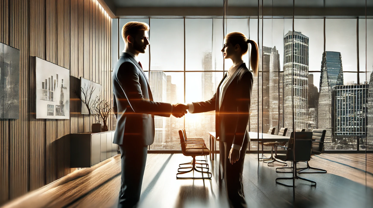 A realistic digital painting of a man and a woman shaking hands in a professional setting. The man is wearing a business suit, and the woman is dressed in smart business attire. They are engaged in a firm handshake, standing in a modern office with large windows that reveal a cityscape view. The atmosphere is professional and respectful, with a minimalistic but stylish background emphasizing the handshake as the focal point.