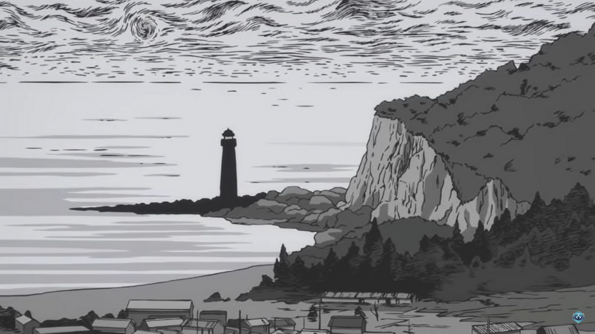 Paisaje costero de un pueblo con un faro y montañas, ilustración en blanco y negro del anime Uzumaki.