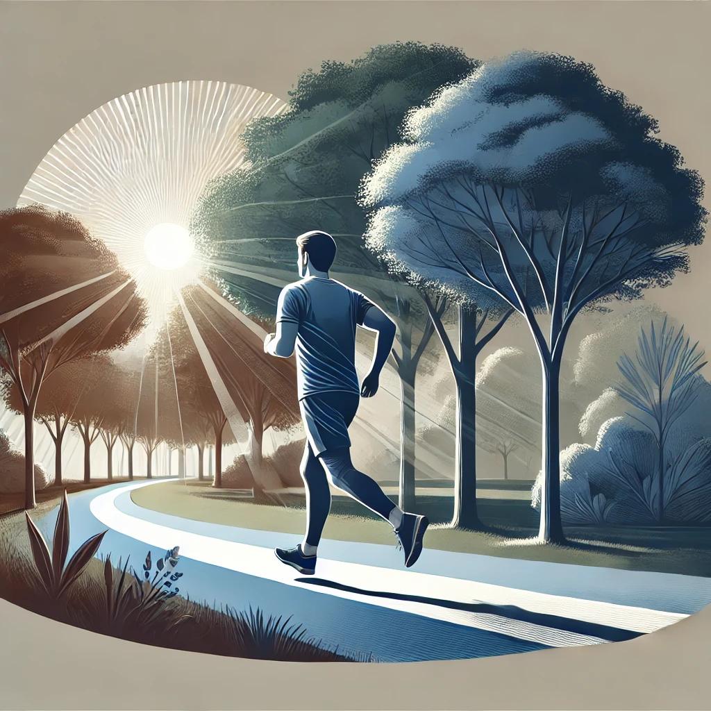 An illustration of a person jogging along a serene park path, surrounded by trees and sunlight