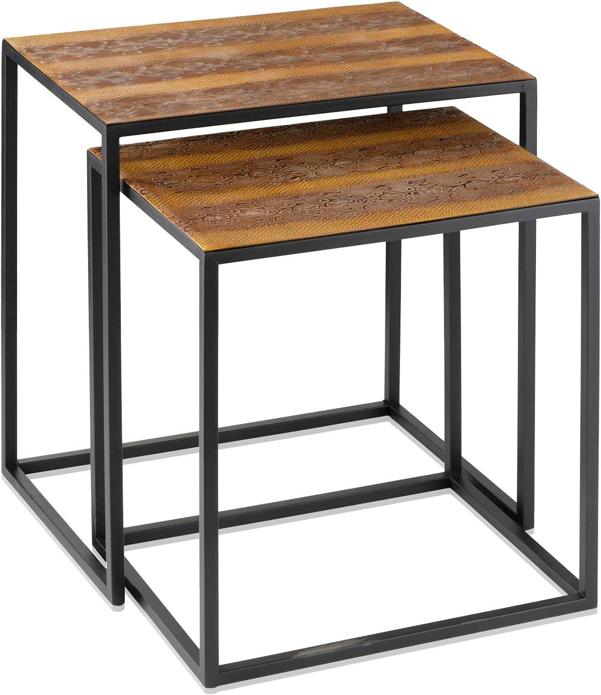 A set of two wood-topped, black-framed nesting tables with a minimalist, faux rattlesnake design.