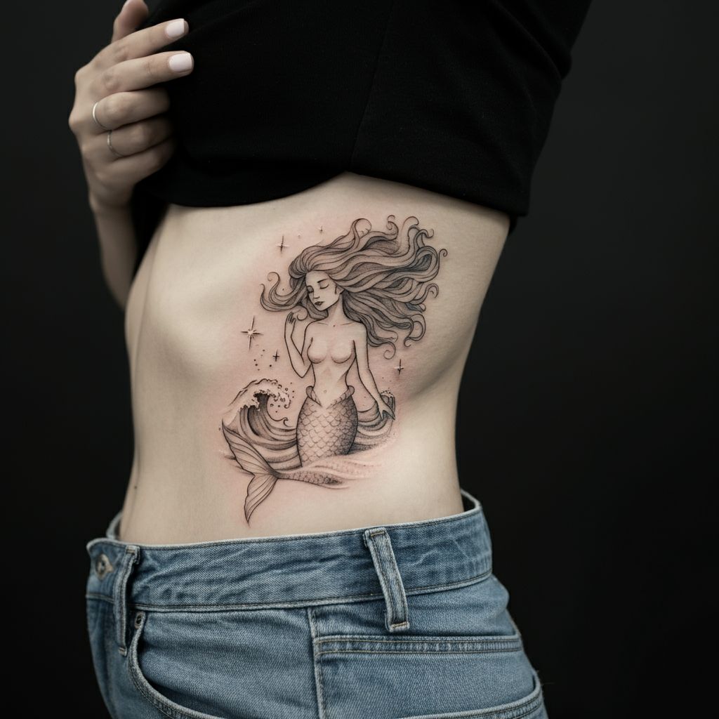 Mermaid Tattoo on Ribcage 
