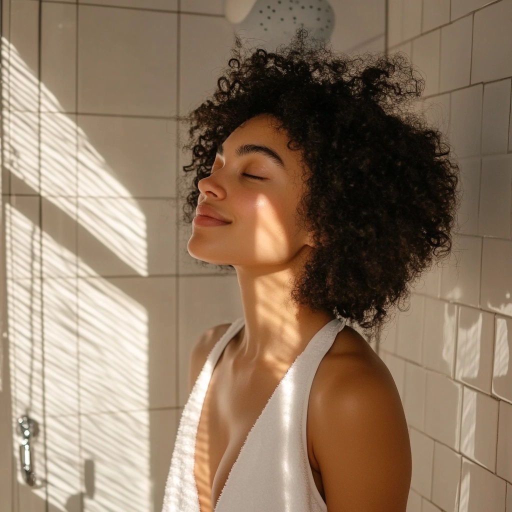 Attractive young black woman smiling in her white tiled bathroom, after using body oil on her clear, glowing skin