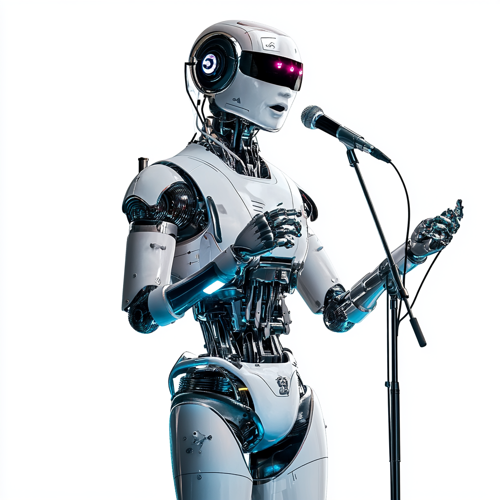 A robot singing into a microphone (The evolution of AI)