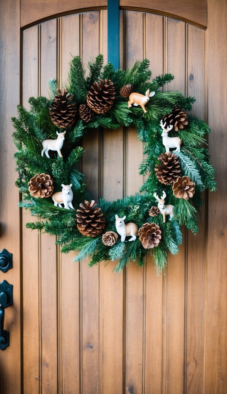 A wreath made of greenery, pinecones, and woodland animal figurines, hanging on a rustic wooden door