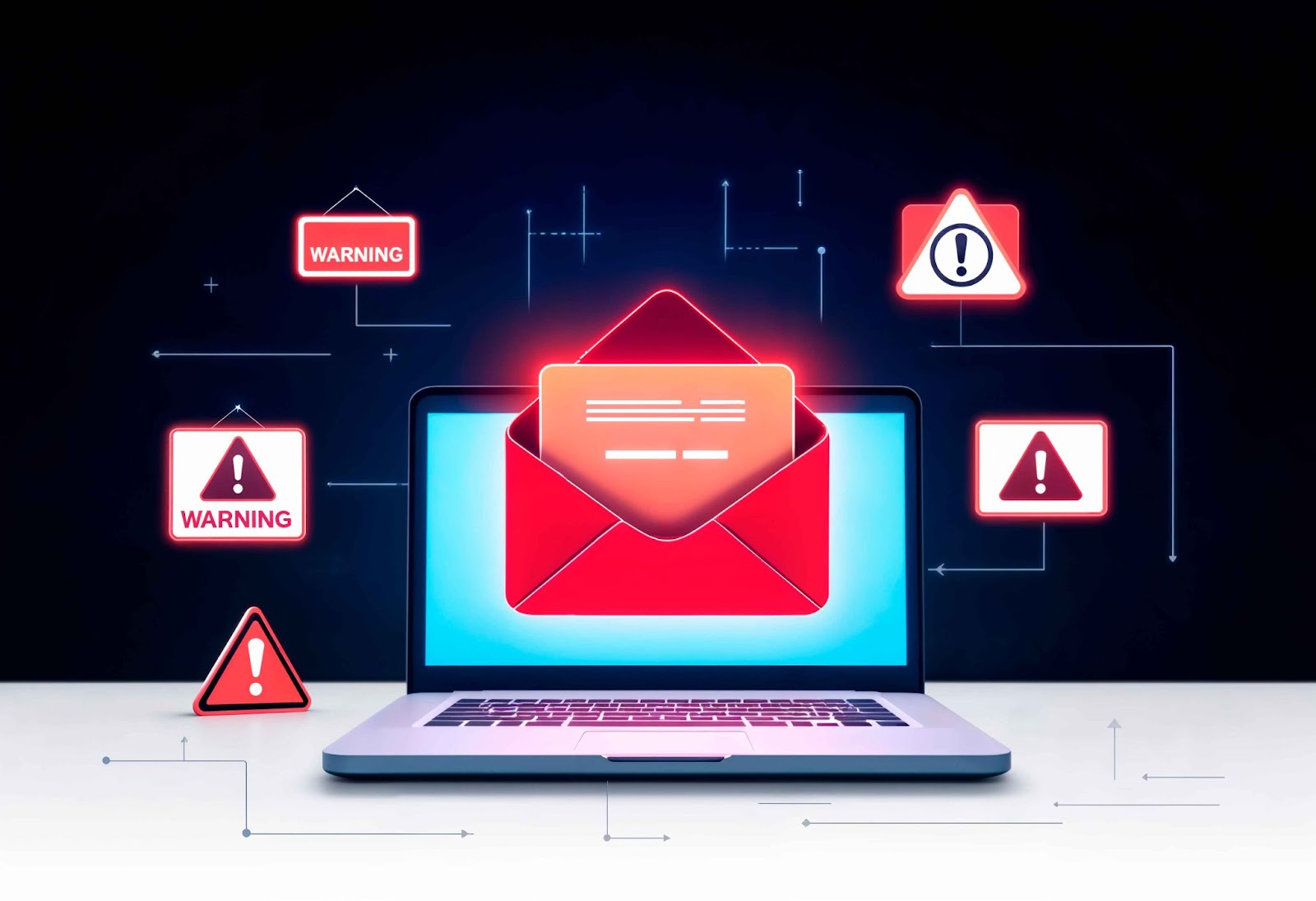 Laptop displaying a glowing red envelope, surrounded by warning signs to avoid bank phishing email scams