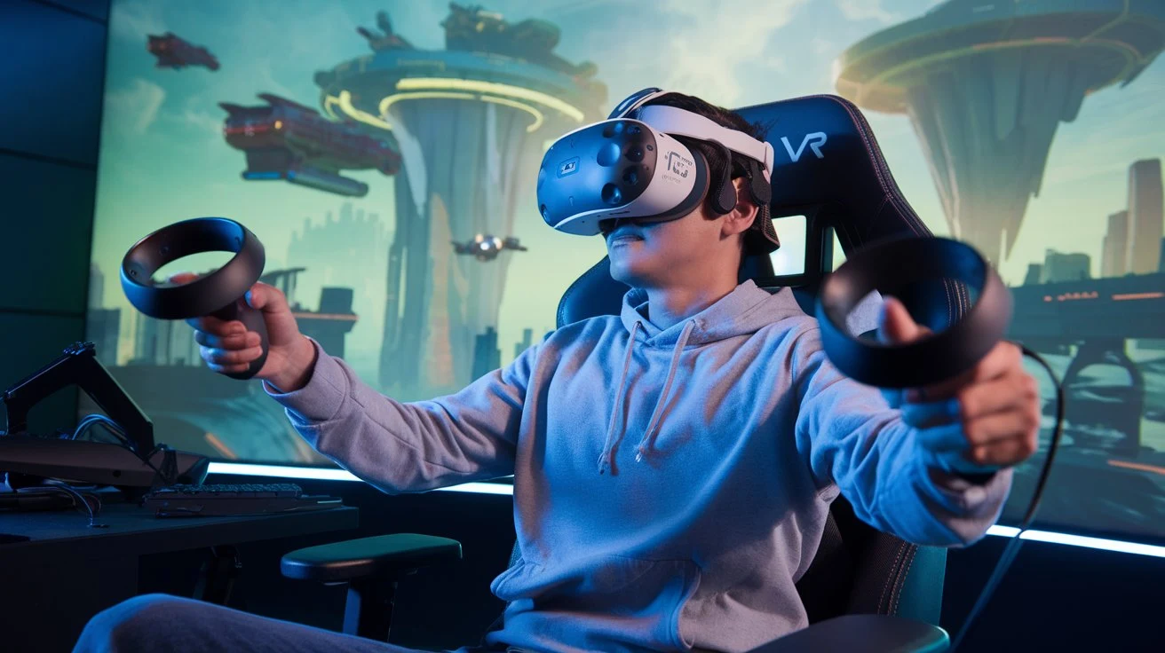 A gamer fully immersed in a virtual reality game, wearing a VR headset and using motion controllers.