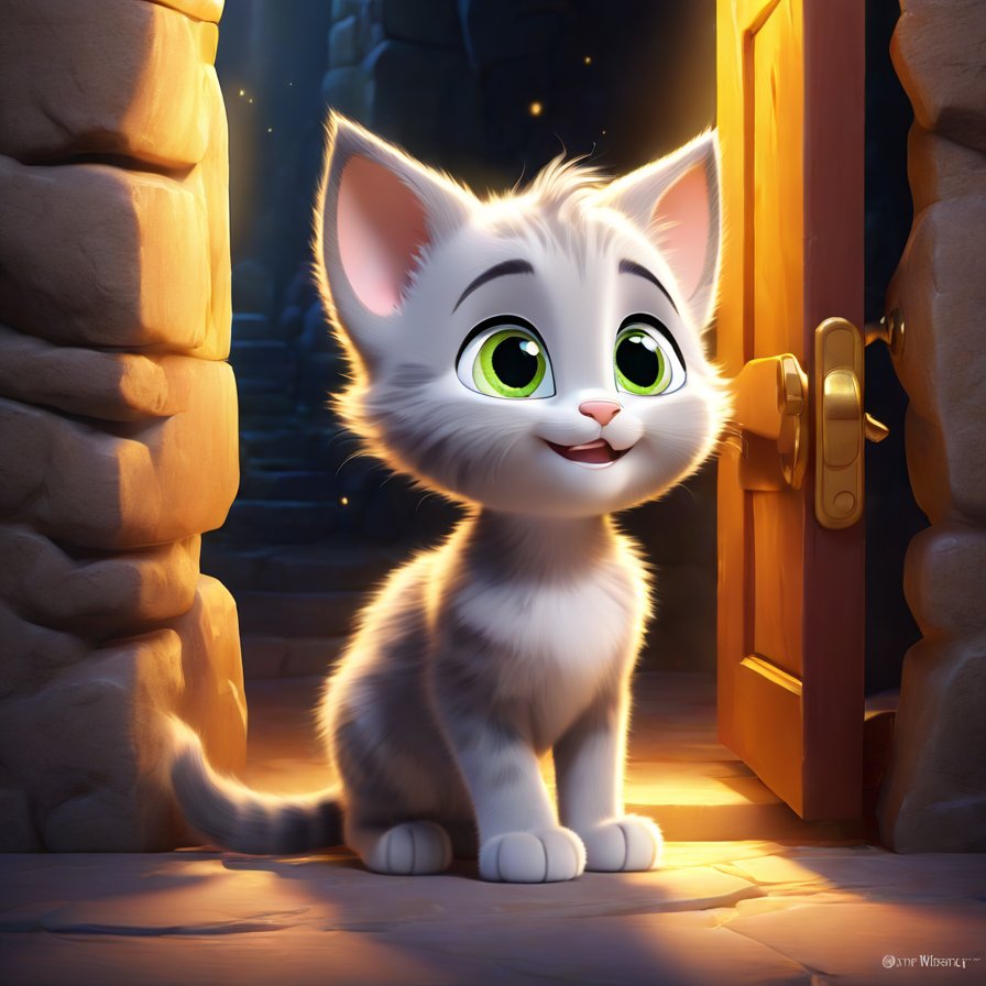 a curious and brave little grey kitten, green eyes, fluffy fur, standing in front of a massive stone door, golden light pouring out, hints of a cave behind, ears perked up, looking up at the door with a mixture of excitement and caution.