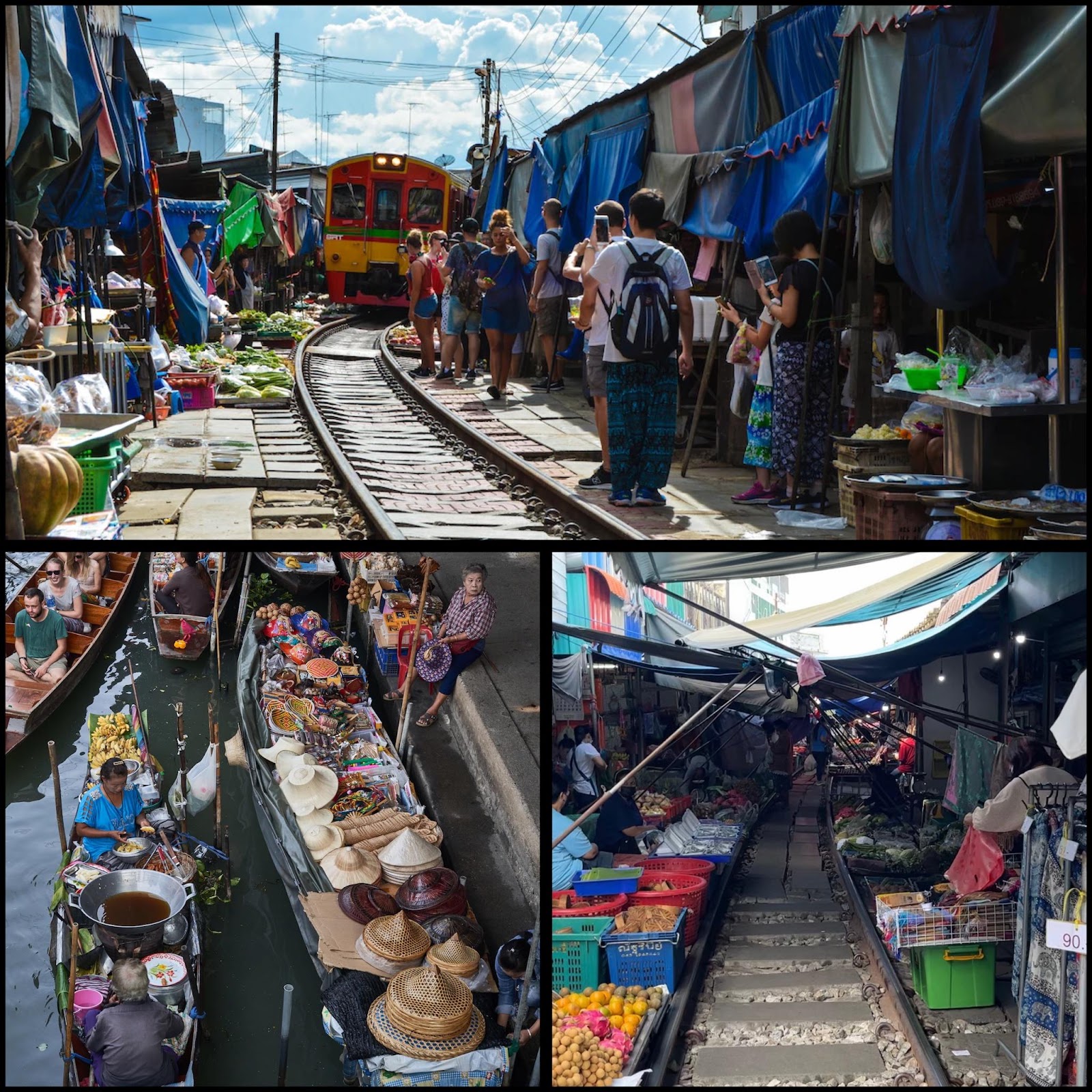 train passing through the market, vendors selling goods in a floating market