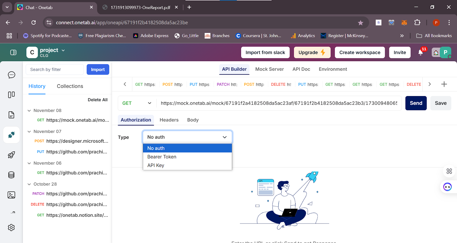 Screenshot of an API building tool with an authorization dropdown menu showing options such as "No auth," "Bearer Token," and "API Key." The tool includes a sidebar with a history of API requests. A small illustration of a person working on a laptop is visible at the bottom right.