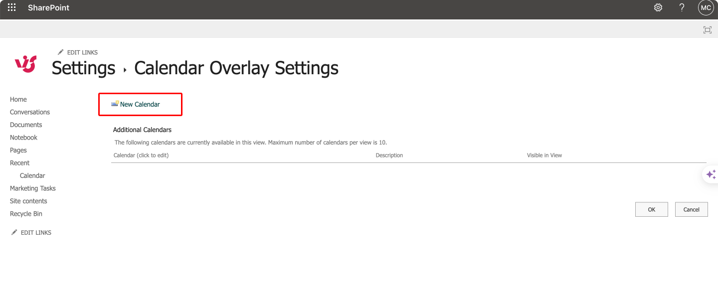 Adding a new calendar in calendar overlay settings in SharePoint. 