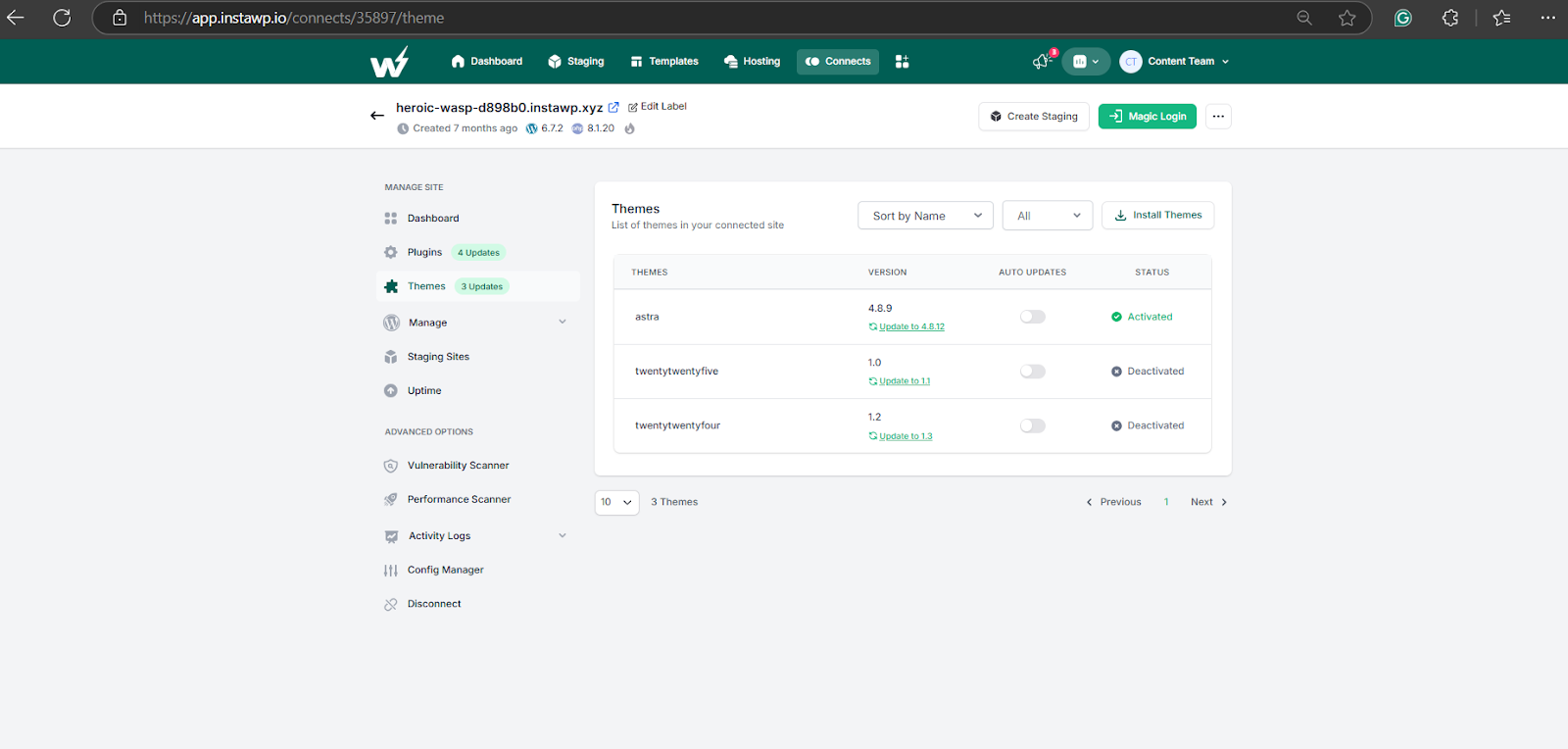 Using InstaWP site management to deactivate themes in bulk 