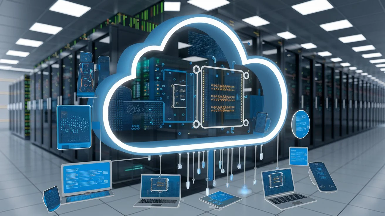 An illustration depicting quantum computing in cloud services, featuring a cloud symbol with quantum processors and users accessing it.