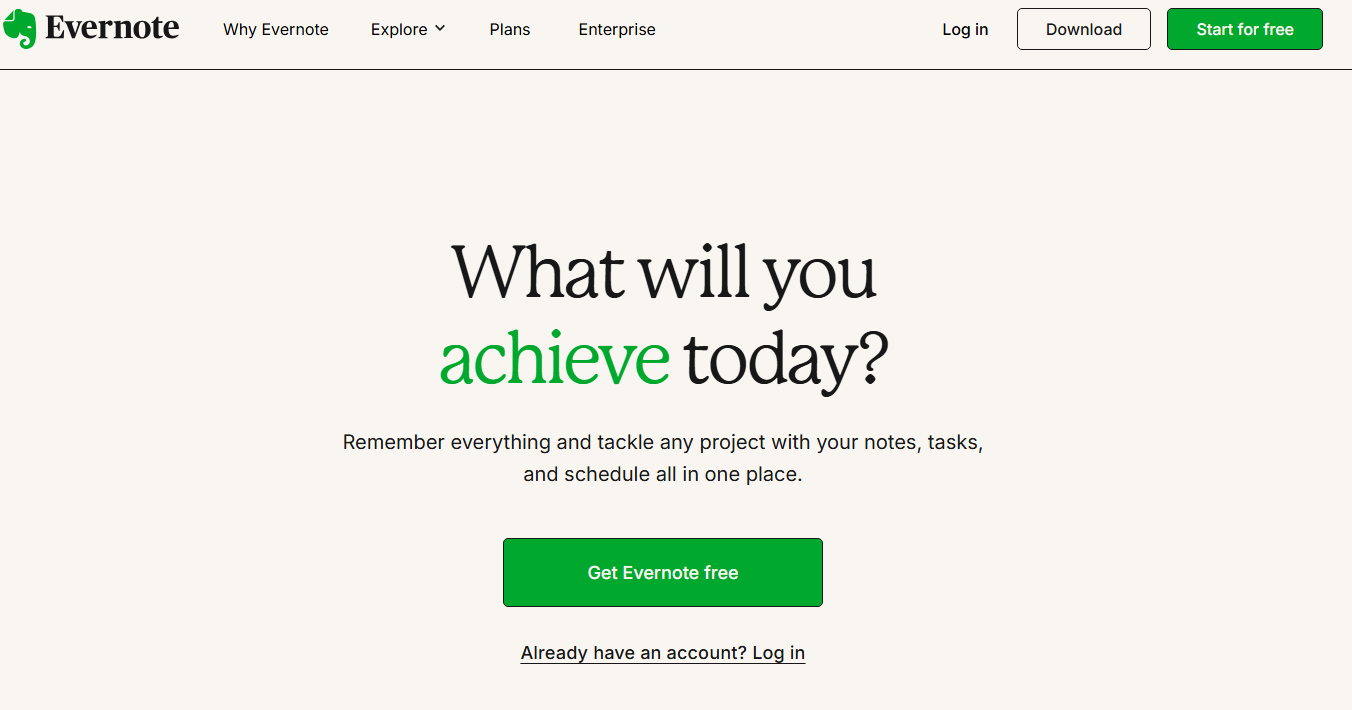 Evernote webpage with the slogan 'What will you achieve today?' Includes a call-to-action button for a free Evernote download