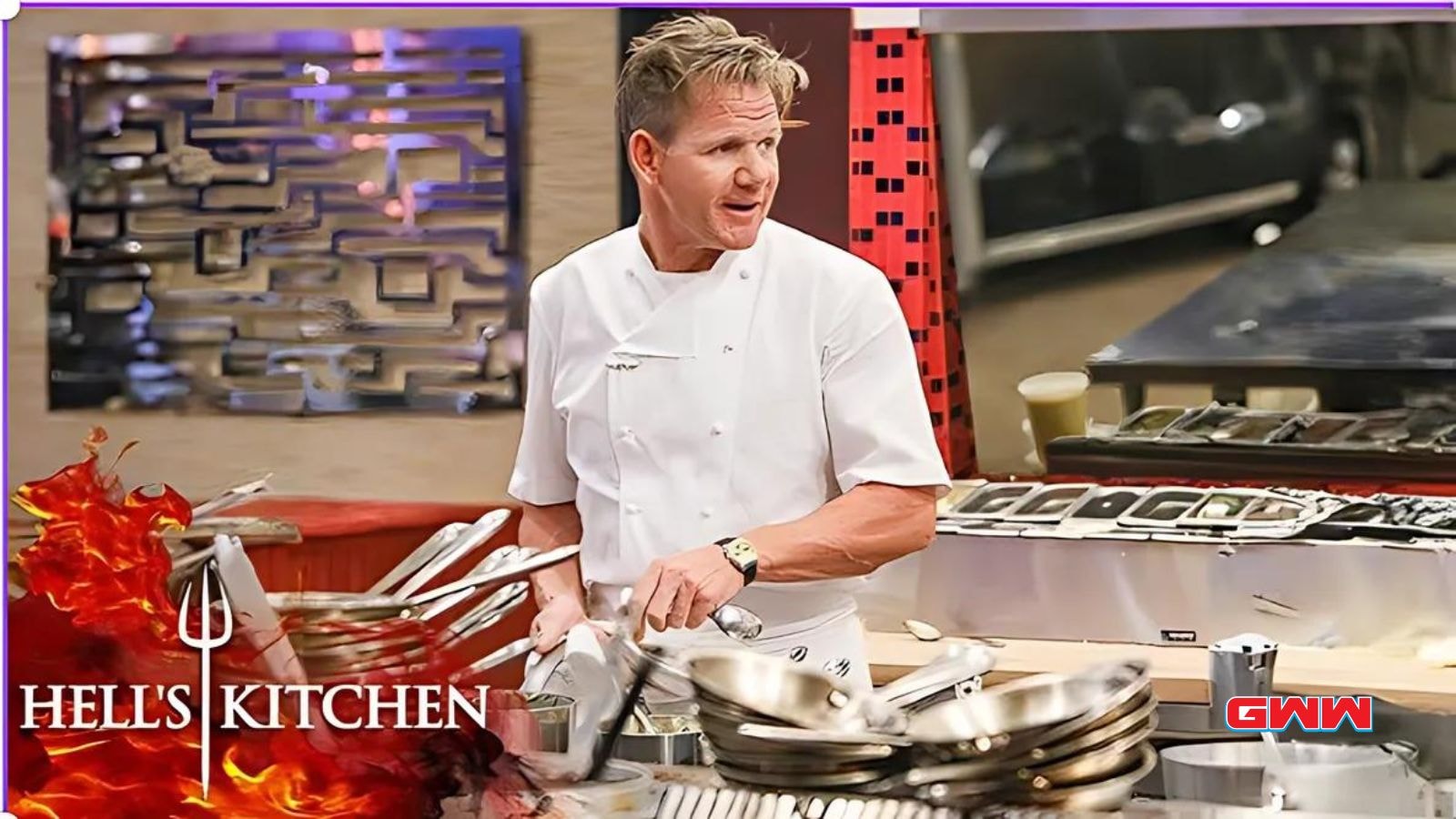 Graphic of Gordon Ramsay with Hell's Kitchen logo and kitchen action scene