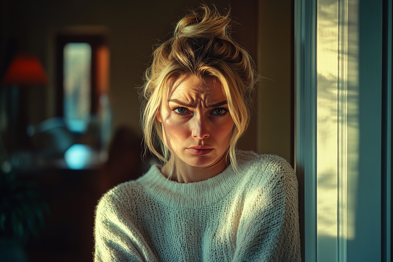 A woman looking upset in the doorway of a house | Source: Midjourney