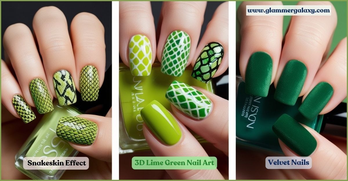 Various lime green nail designs, including snakeskin effect, 3D art, and velvet texture on nails