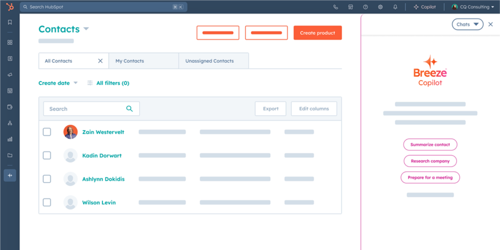 Image of HubSpot’s interface displaying Breeze Copilot in action, demonstrating AI-driven assistance within the platform.