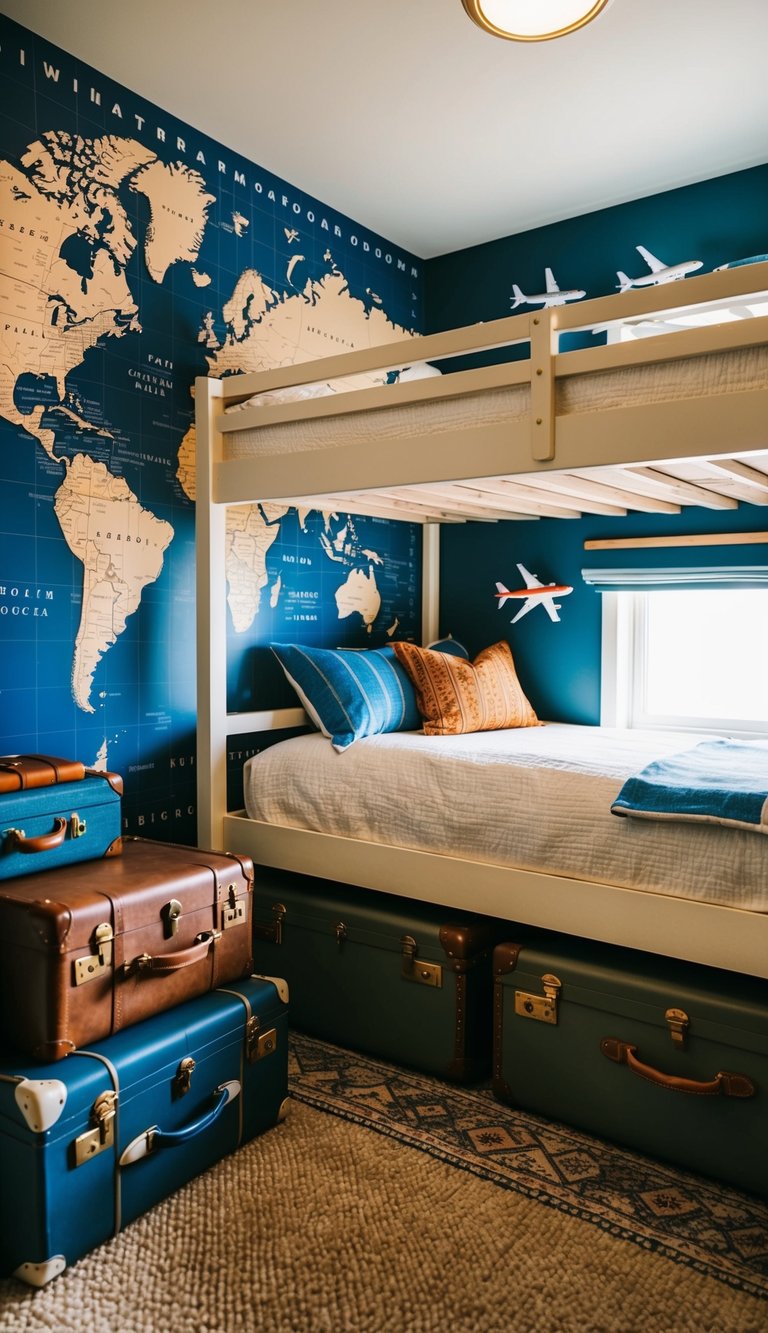 A cozy bunk room with travel-themed decor, featuring vintage suitcases, world map wallpaper, and airplane model accents